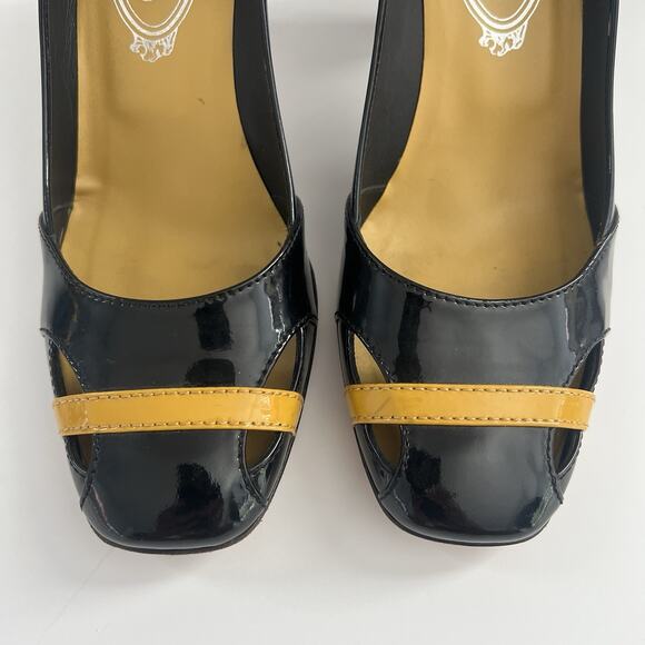 Tod's Women Black Yellow Band Patent Leather Square Toe Cut Out Heels 36 / 6 - Picture 4 of 13